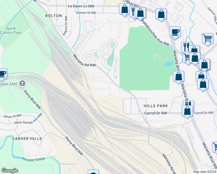 map of restaurants, bars, coffee shops, grocery stores, and more near 1851 Francis Avenue Northwest in Atlanta