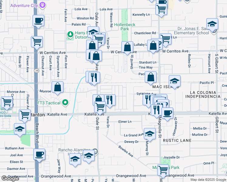 map of restaurants, bars, coffee shops, grocery stores, and more near 10800 Dale Avenue in Stanton
