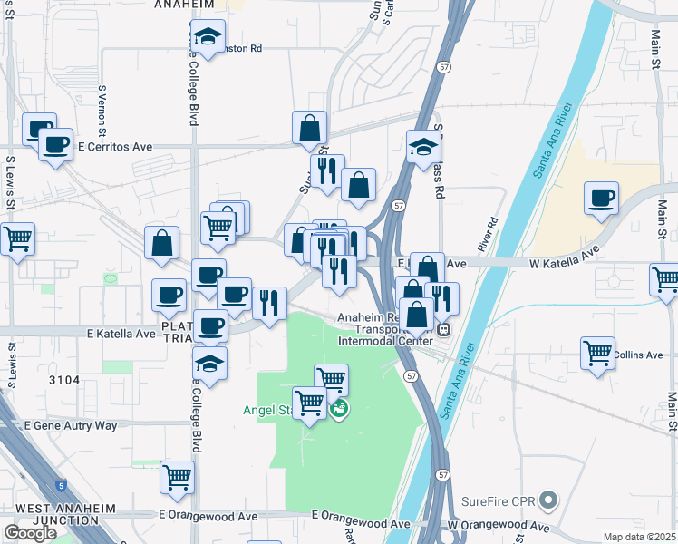 map of restaurants, bars, coffee shops, grocery stores, and more near 2428 East Katella Avenue in Anaheim