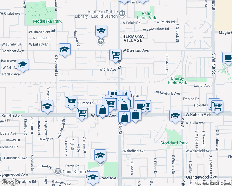 map of restaurants, bars, coffee shops, grocery stores, and more near 1707 West Sallie Lane in Anaheim