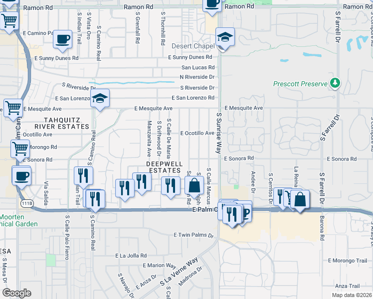 map of restaurants, bars, coffee shops, grocery stores, and more near 1350 Sagebrush Road in Palm Springs