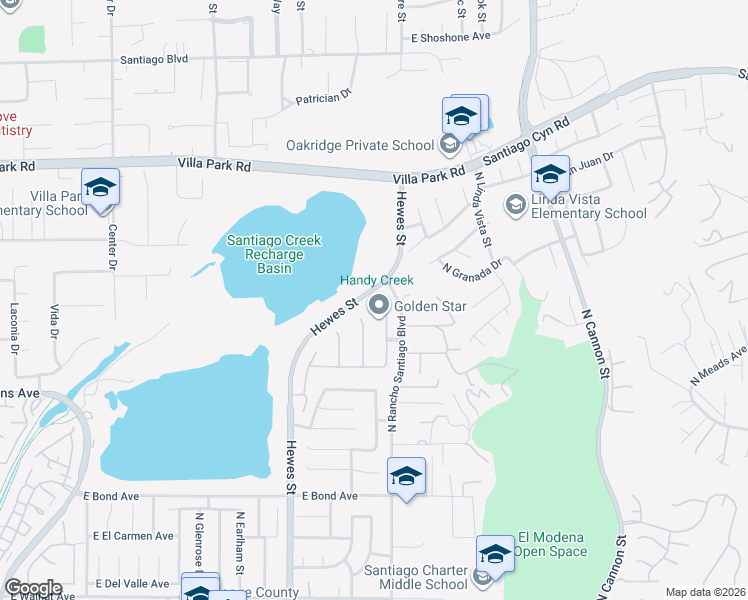 map of restaurants, bars, coffee shops, grocery stores, and more near 1075 North Antonio Circle in Orange