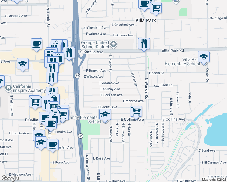 map of restaurants, bars, coffee shops, grocery stores, and more near 2517 East Jackson Avenue in Orange
