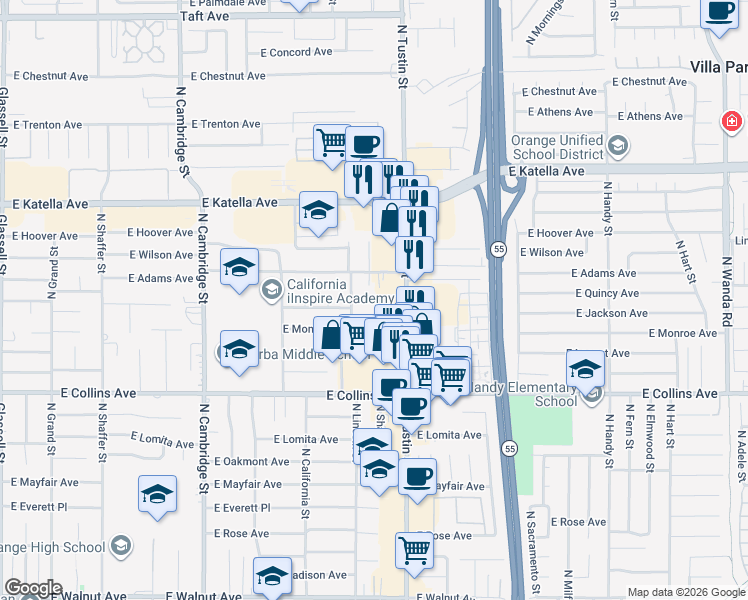 map of restaurants, bars, coffee shops, grocery stores, and more near 1544 East Quincy Avenue in Orange