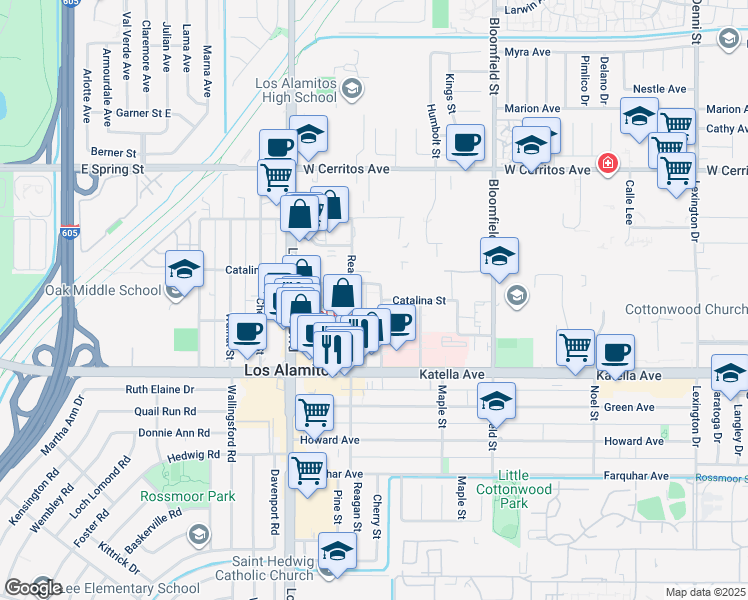 map of restaurants, bars, coffee shops, grocery stores, and more near 10823 Cherry Street in Los Alamitos