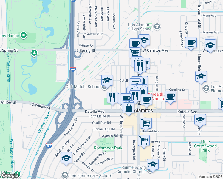 map of restaurants, bars, coffee shops, grocery stores, and more near 10824 Oak Street in Los Alamitos