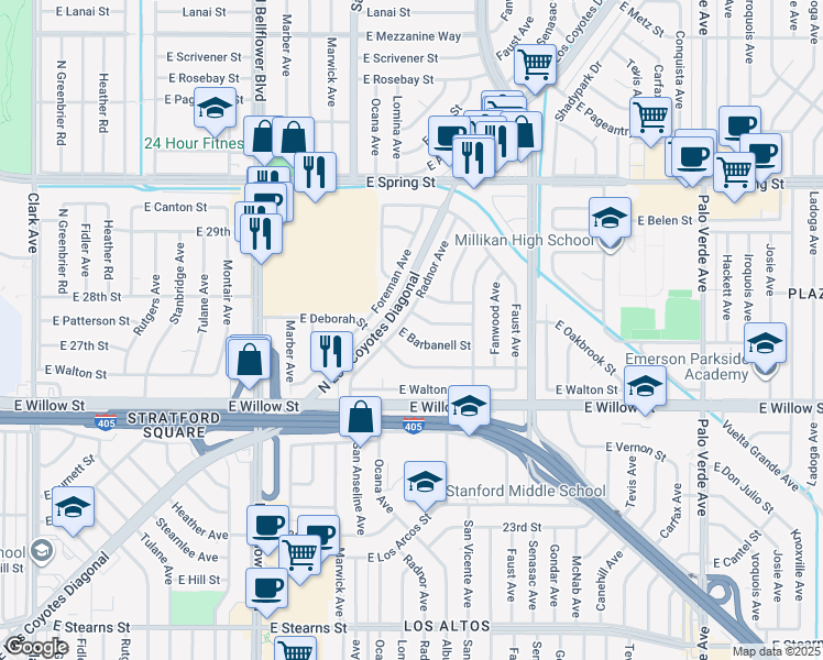 map of restaurants, bars, coffee shops, grocery stores, and more near 5825 East Barbanell Street in Long Beach