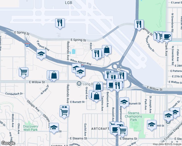 map of restaurants, bars, coffee shops, grocery stores, and more near 2615 Grand Avenue in Long Beach