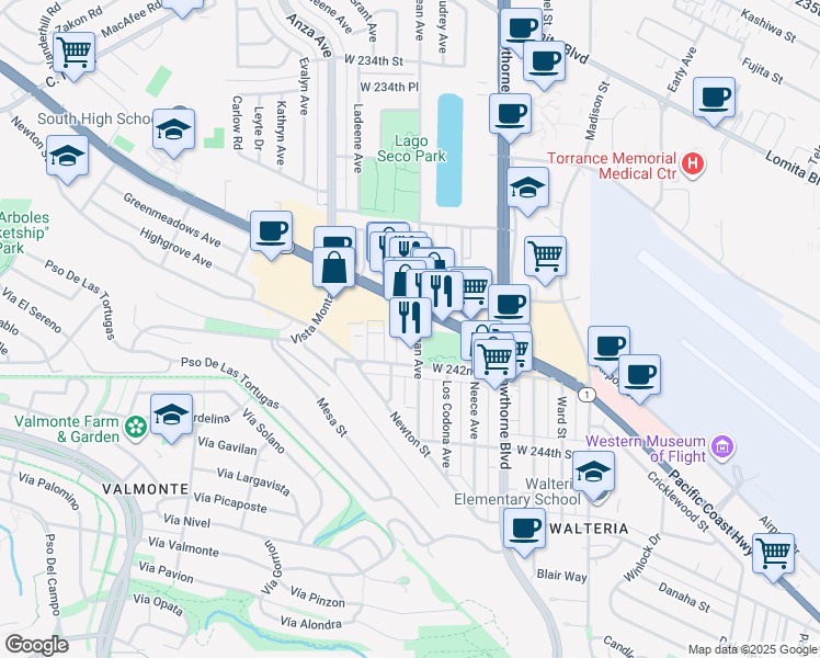map of restaurants, bars, coffee shops, grocery stores, and more near 24053 Ocean Avenue in Torrance