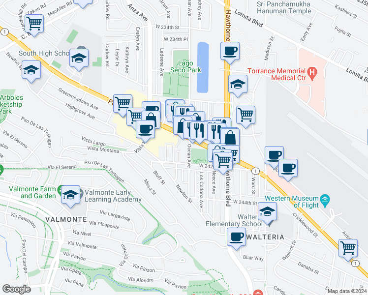 map of restaurants, bars, coffee shops, grocery stores, and more near 24053 Ocean Avenue in Torrance