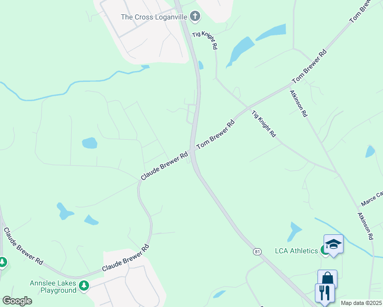 map of restaurants, bars, coffee shops, grocery stores, and more near Claude Brewer Road in Loganville