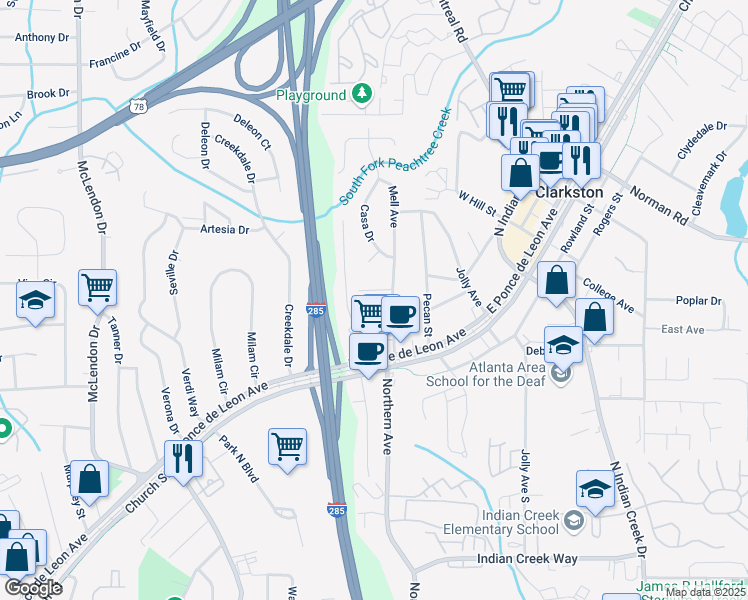map of restaurants, bars, coffee shops, grocery stores, and more near 3445 Mell Place in Clarkston