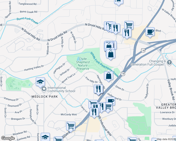 map of restaurants, bars, coffee shops, grocery stores, and more near 2640 Harrington Drive in Decatur