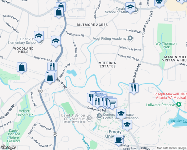 map of restaurants, bars, coffee shops, grocery stores, and more near 900 Castle Falls Drive Northeast in Atlanta