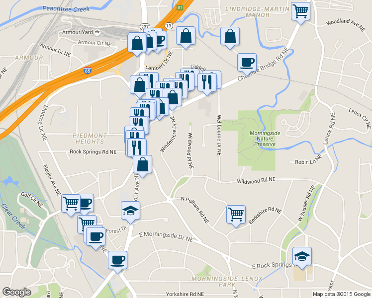 map of restaurants, bars, coffee shops, grocery stores, and more near 1866 Wildwood Place Northeast in Atlanta