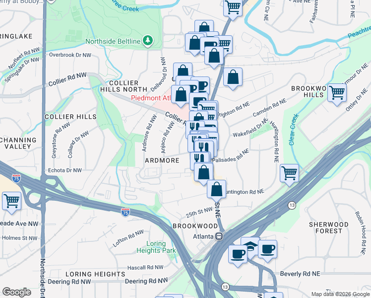 map of restaurants, bars, coffee shops, grocery stores, and more near 31 28th Street Northwest in Atlanta