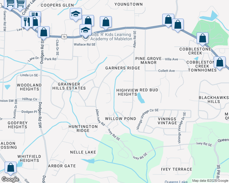 map of restaurants, bars, coffee shops, grocery stores, and more near 5917 Heavenwood Drive Southeast in Mableton