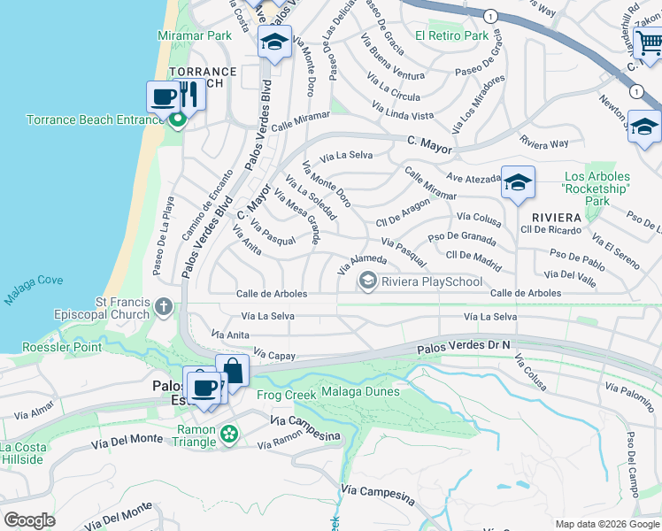 map of restaurants, bars, coffee shops, grocery stores, and more near 408 Vía La Soledad in Redondo Beach