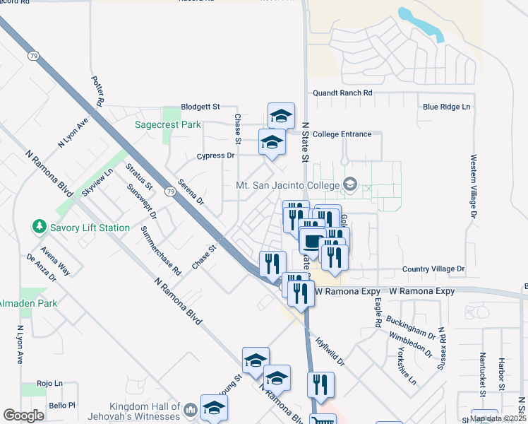 map of restaurants, bars, coffee shops, grocery stores, and more near 1407 Sierra Drive in San Jacinto