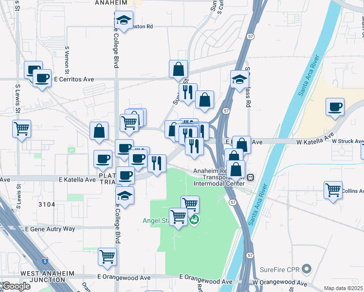 map of restaurants, bars, coffee shops, grocery stores, and more near 2401 East Katella Avenue in Anaheim