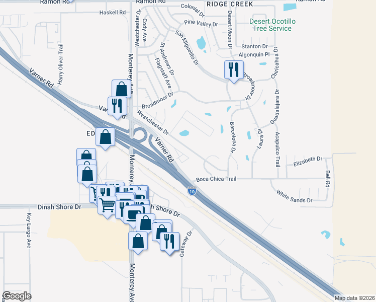 map of restaurants, bars, coffee shops, grocery stores, and more near 33621 Westchester Drive in Thousand Palms