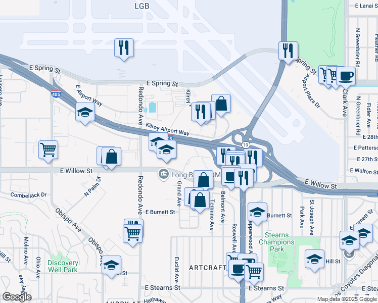 map of restaurants, bars, coffee shops, grocery stores, and more near 2615 Grand Avenue in Long Beach