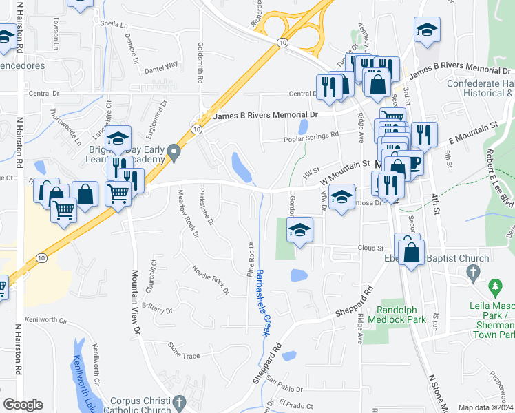 map of restaurants, bars, coffee shops, grocery stores, and more near 5131 West Mountain Street in Stone Mountain