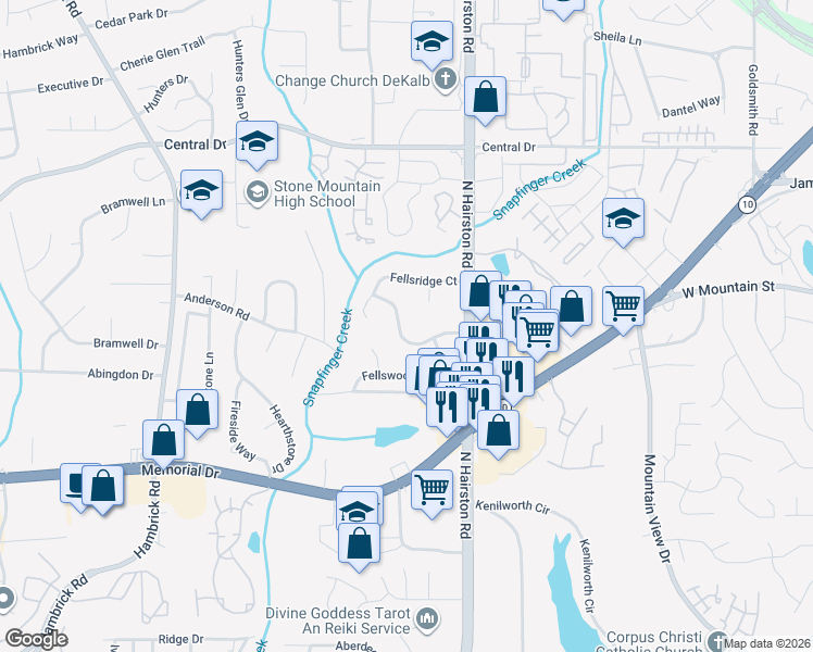 map of restaurants, bars, coffee shops, grocery stores, and more near 4698 Fellsridge Drive in Stone Mountain