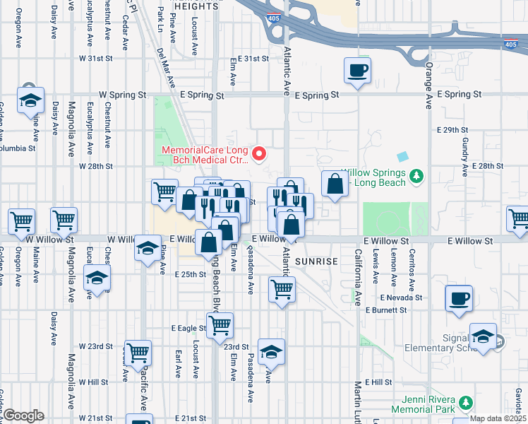 map of restaurants, bars, coffee shops, grocery stores, and more near 2691 Linden Avenue in Long Beach