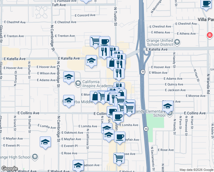 map of restaurants, bars, coffee shops, grocery stores, and more near 1544 East Quincy Avenue in Orange