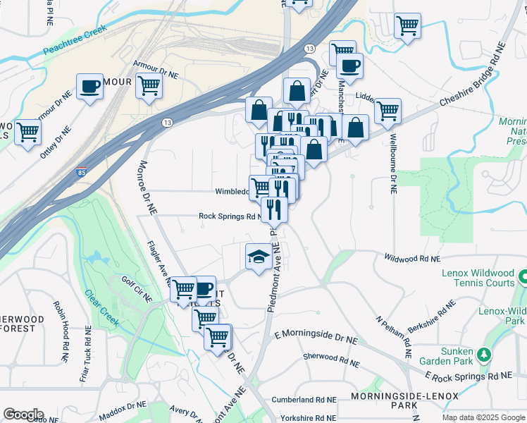 map of restaurants, bars, coffee shops, grocery stores, and more near 1830 Piedmont Avenue Northeast in Atlanta