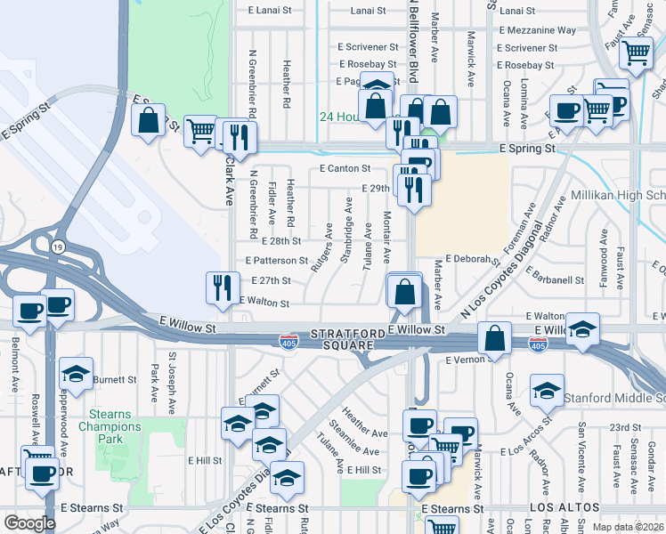 map of restaurants, bars, coffee shops, grocery stores, and more near 2731 Stanbridge Avenue in Long Beach
