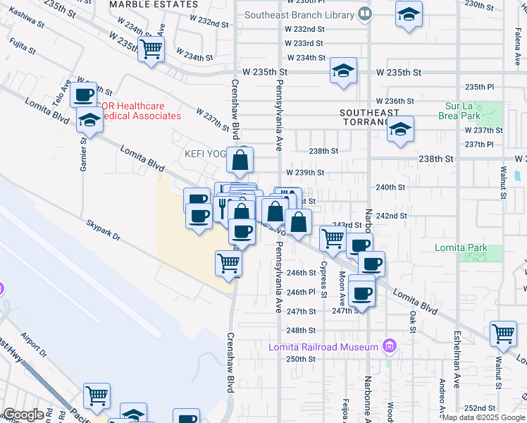 map of restaurants, bars, coffee shops, grocery stores, and more near 2429 Lomita Boulevard in Lomita