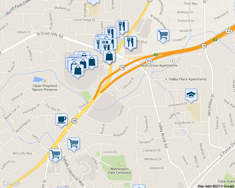 map of restaurants, bars, coffee shops, grocery stores, and more near 2851 Concord Drive in Decatur