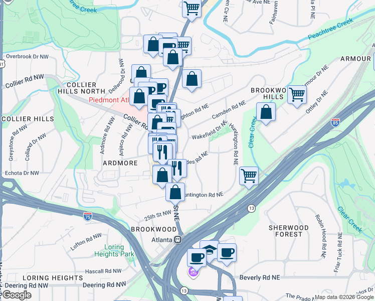 map of restaurants, bars, coffee shops, grocery stores, and more near 7 Montclair Drive Northeast in Atlanta