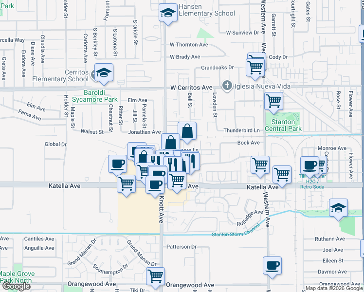 map of restaurants, bars, coffee shops, grocery stores, and more near 31909 Saint Joseph Lane in Stanton