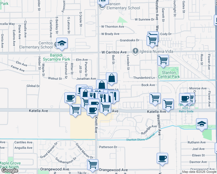 map of restaurants, bars, coffee shops, grocery stores, and more near 31909 Saint Joseph Lane in Stanton