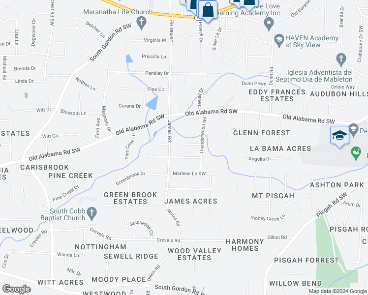 map of restaurants, bars, coffee shops, grocery stores, and more near 1457 Thunderwood Court Southwest in Mableton