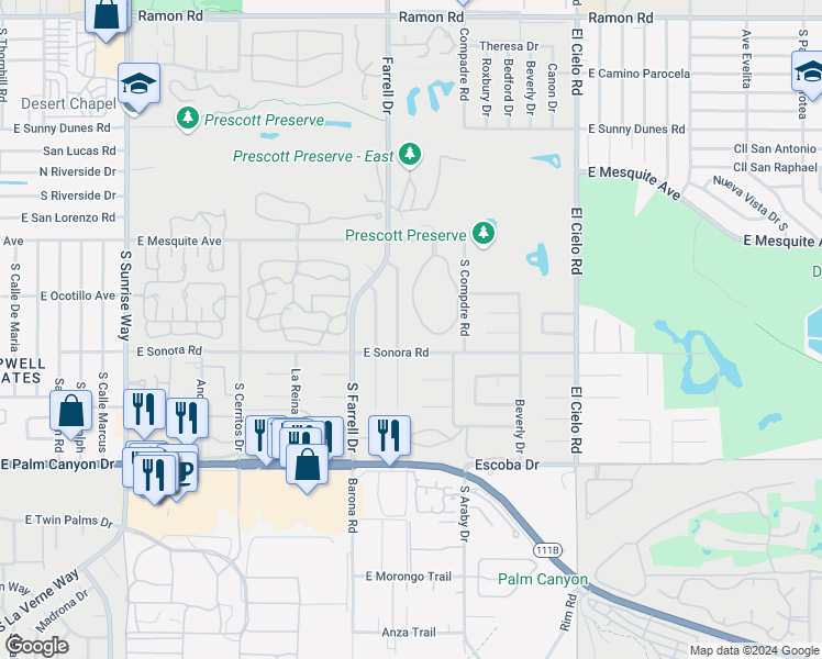 map of restaurants, bars, coffee shops, grocery stores, and more near 2701 East Mesquite Avenue in Palm Springs