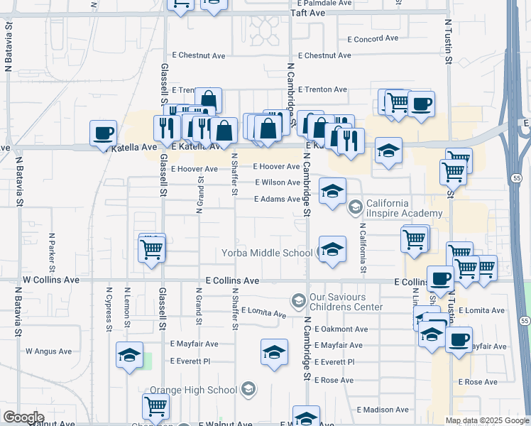 map of restaurants, bars, coffee shops, grocery stores, and more near 631 East Elizabeth Drive in Orange