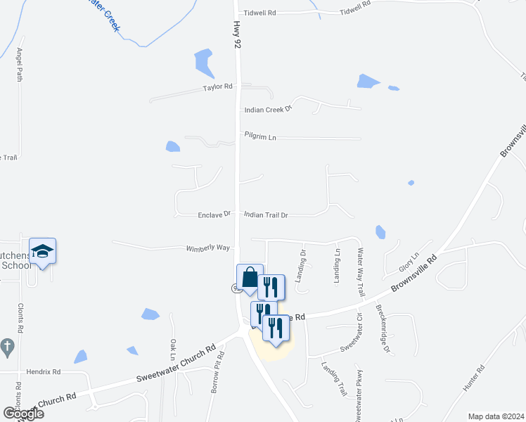 map of restaurants, bars, coffee shops, grocery stores, and more near 89 Indian Trail Drive in Powder Springs