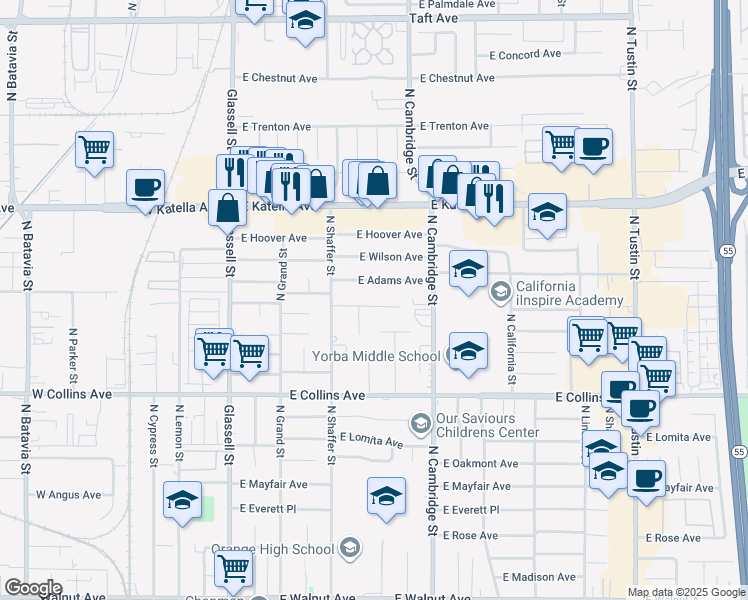 map of restaurants, bars, coffee shops, grocery stores, and more near 631 East Elizabeth Drive in Orange