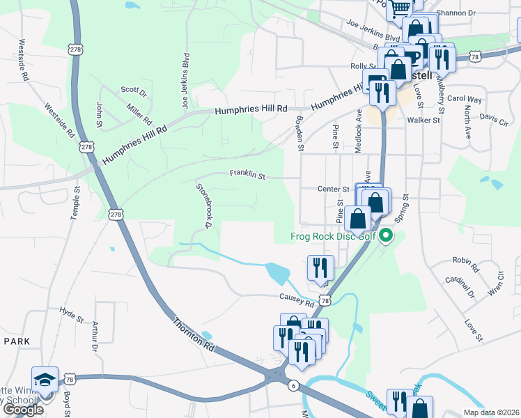 map of restaurants, bars, coffee shops, grocery stores, and more near 4100 Brightmore Drive in Austell