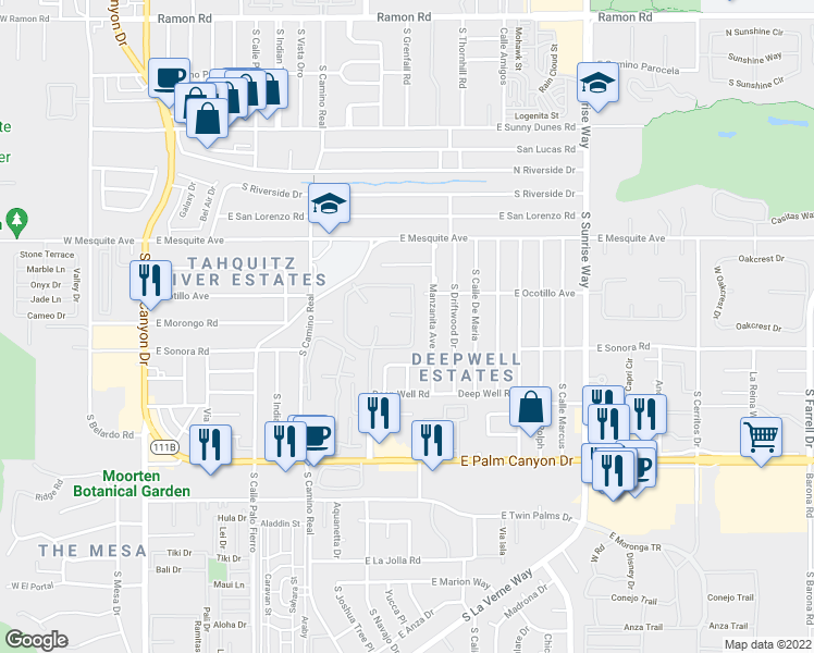map of restaurants, bars, coffee shops, grocery stores, and more near 1311 Primavera Drive North in Palm Springs