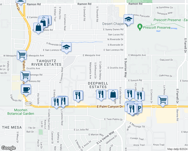 map of restaurants, bars, coffee shops, grocery stores, and more near 1323 South Driftwood Drive in Palm Springs