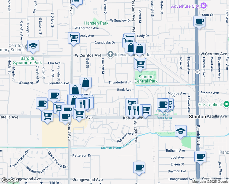 map of restaurants, bars, coffee shops, grocery stores, and more near 10820 Hamden Avenue in Stanton