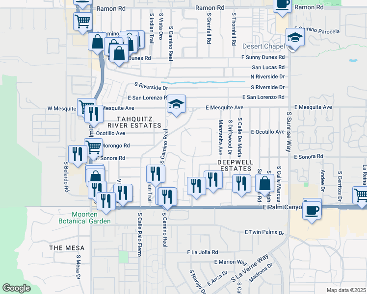 map of restaurants, bars, coffee shops, grocery stores, and more near 1316 Primavera Drive North in Palm Springs