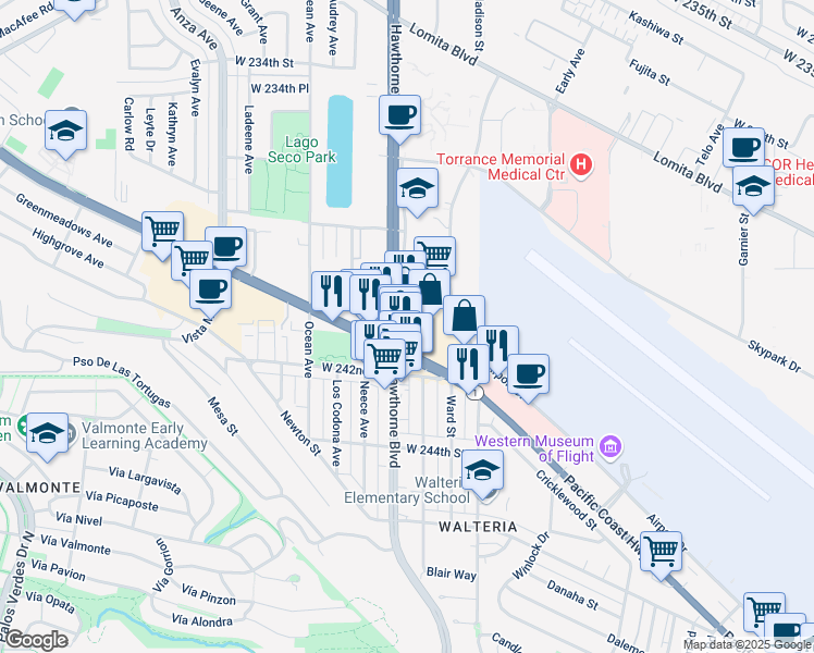 map of restaurants, bars, coffee shops, grocery stores, and more near 3737 East Pacific Coast Highway in Torrance