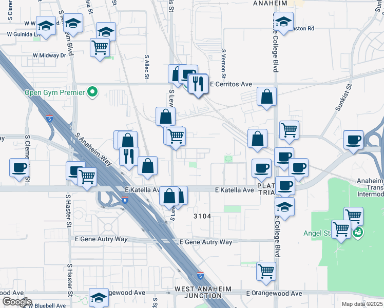 map of restaurants, bars, coffee shops, grocery stores, and more near 949 East Mason Lane in Anaheim