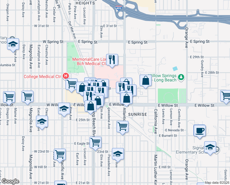 map of restaurants, bars, coffee shops, grocery stores, and more near 2691 Linden Avenue in Long Beach
